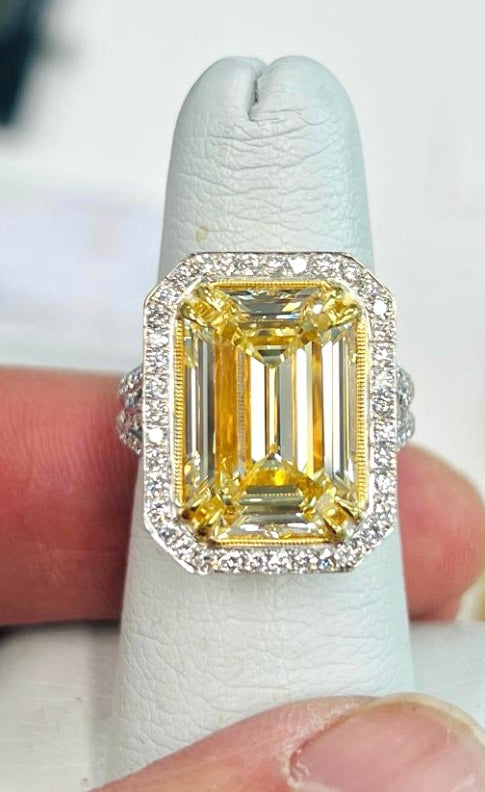 10.05 Carat Emerald Cut Yellow Diamond and 18k Gold Ring