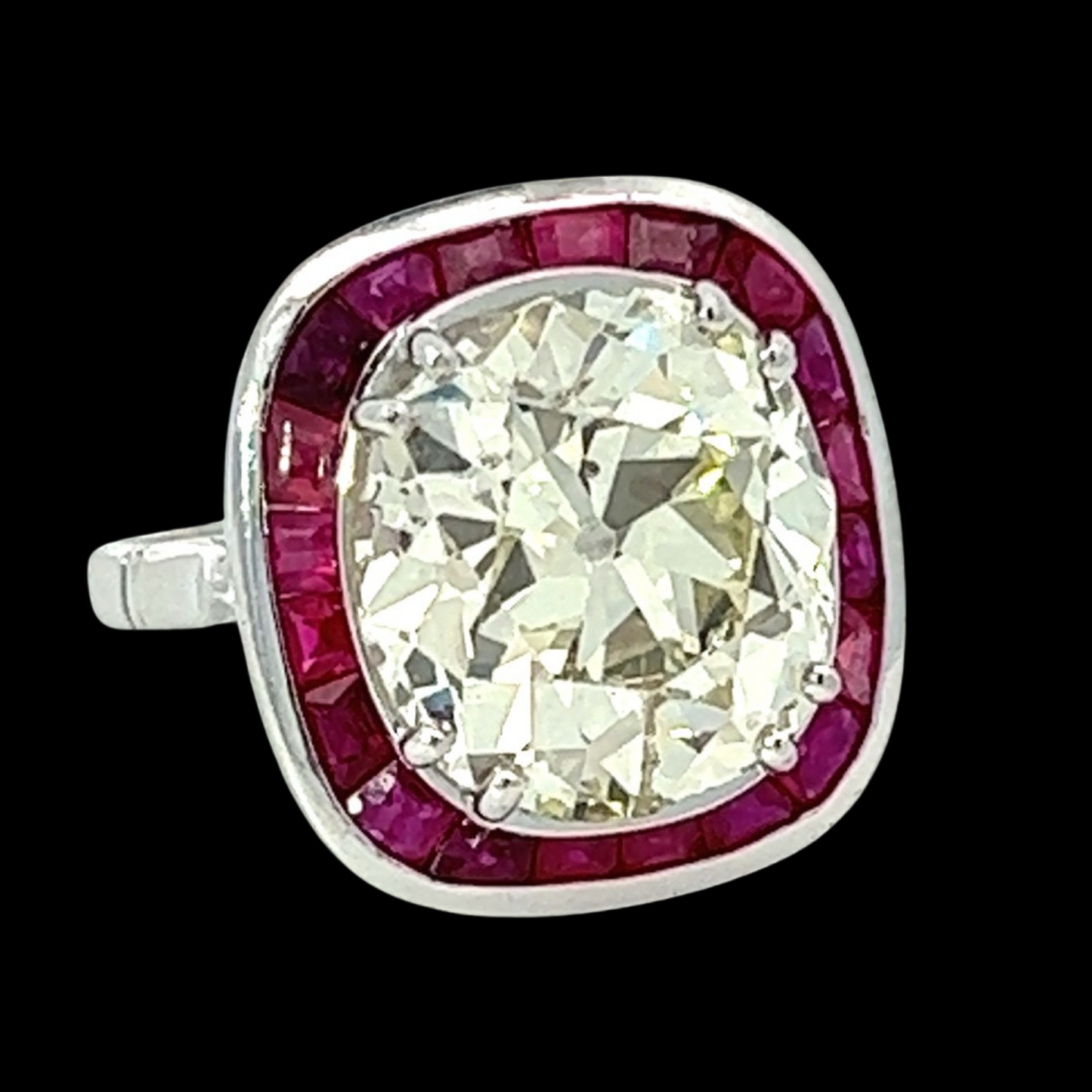 Estate 7.22 ct Old European Cut Cushion Diamond Ruby Platinum Ring 14283