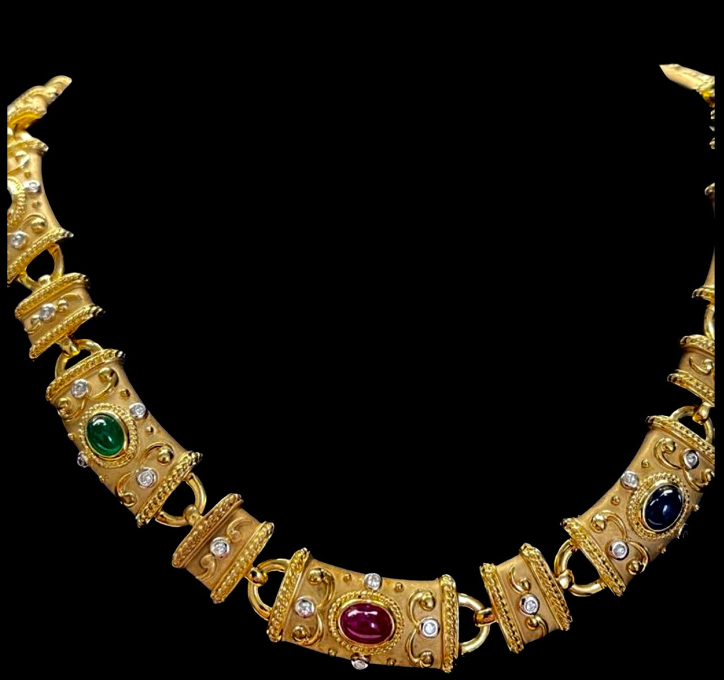 Estate Byzantine Diamond Emerald, Sapphire, Ruby 18K Yellow Gold Necklace 14535