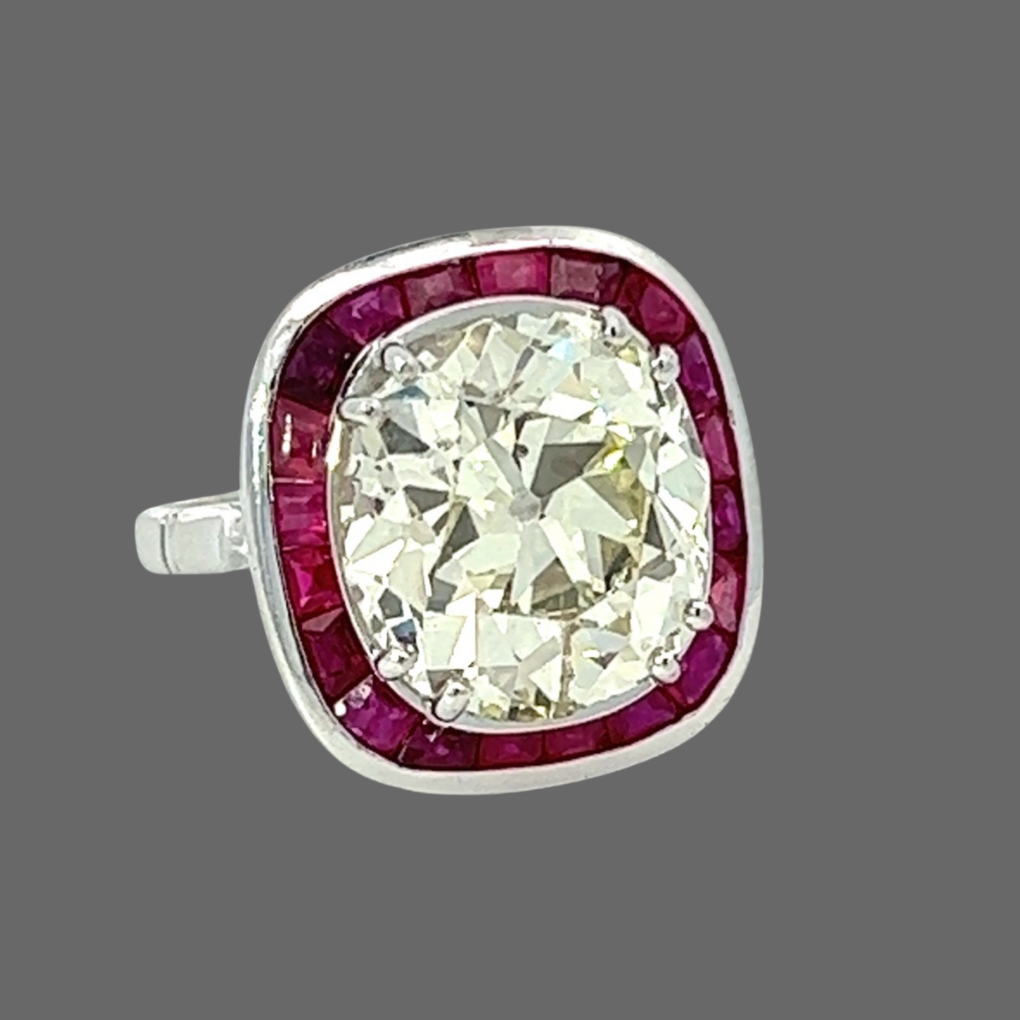 Estate 7.22 ct Old European Cut Cushion Diamond Ruby Platinum Ring 14283