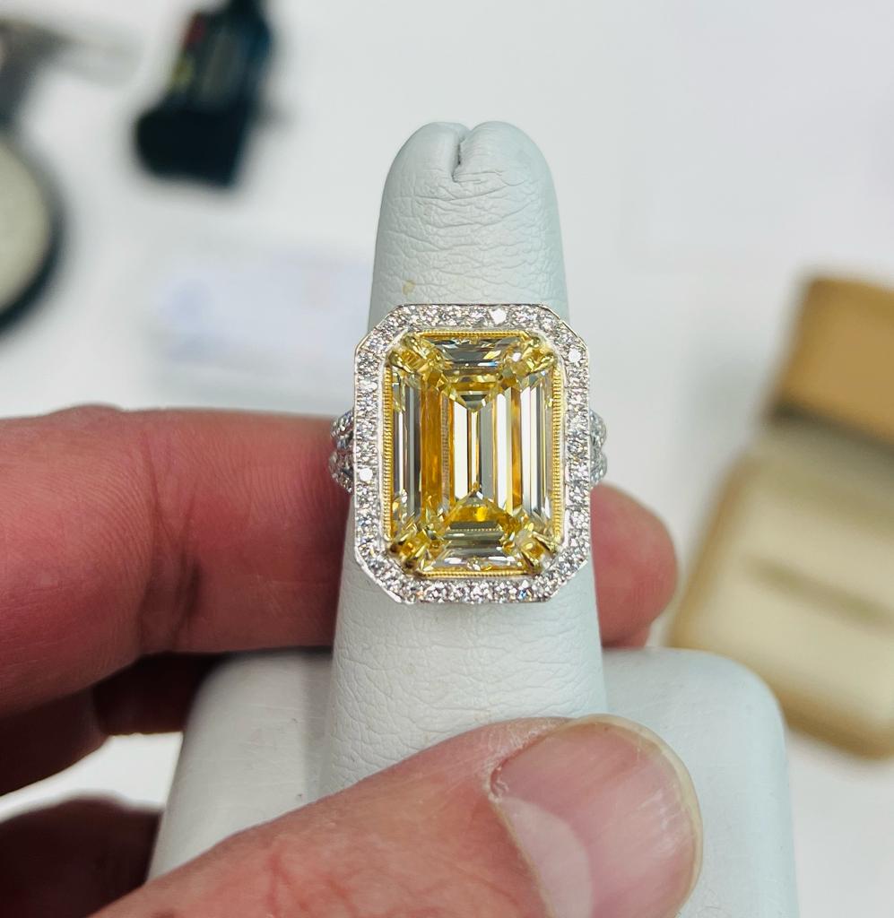 10.05 Carat Emerald Cut Yellow Diamond and 18k Gold Ring