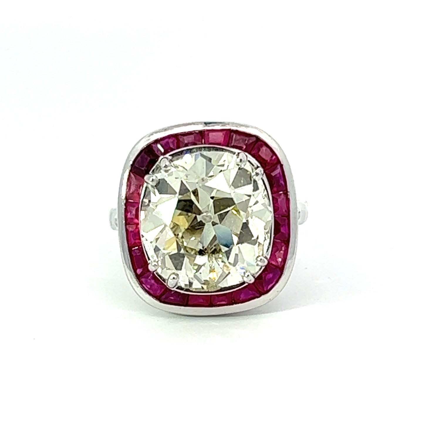 Estate 7.22 ct Old European Cut Cushion Diamond Ruby Platinum Ring 14283