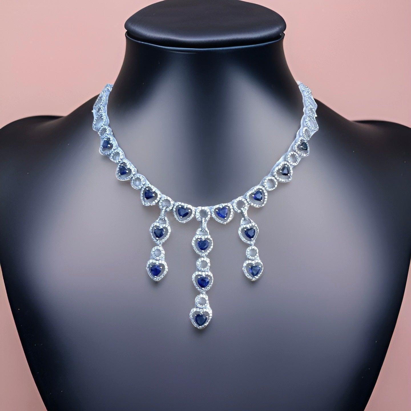 Estate 13.30 cttw Royal Blue Fine Sapphires 11.40 cttw Diamond 18K White Gold Necklace 14563