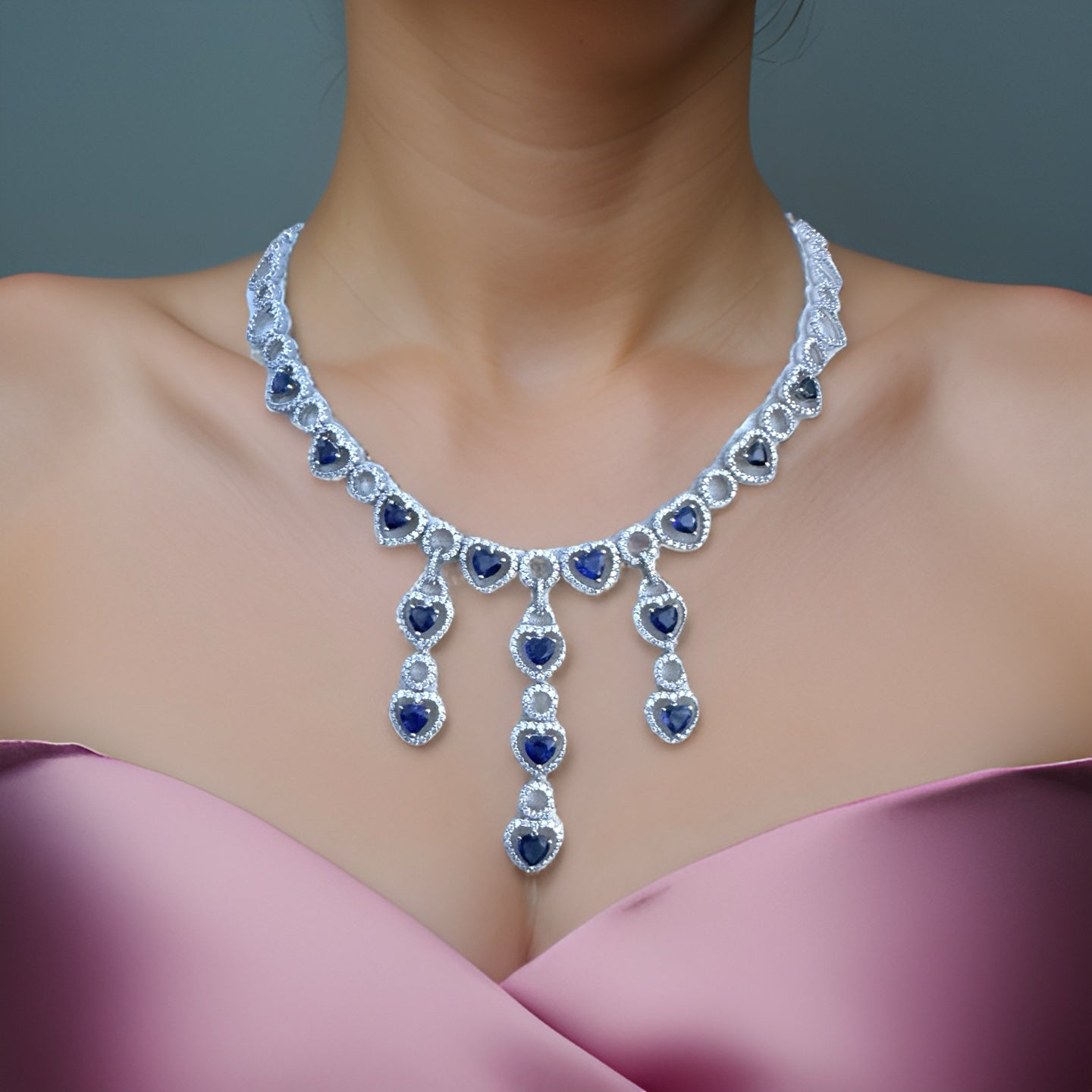 Estate 13.30 cttw Royal Blue Fine Sapphires 11.40 cttw Diamond 18K White Gold Necklace 14563