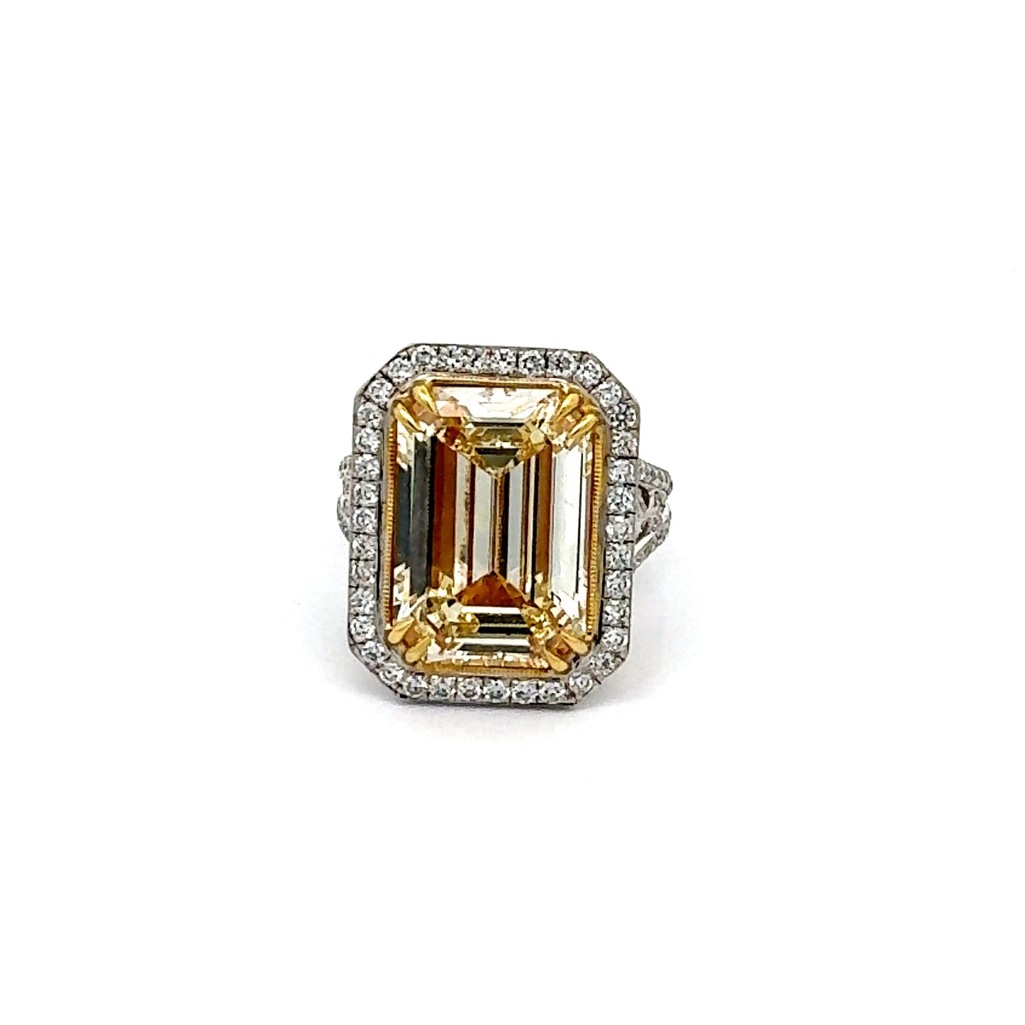 10.05 Carat Emerald Cut Yellow Diamond and 18k Gold Ring